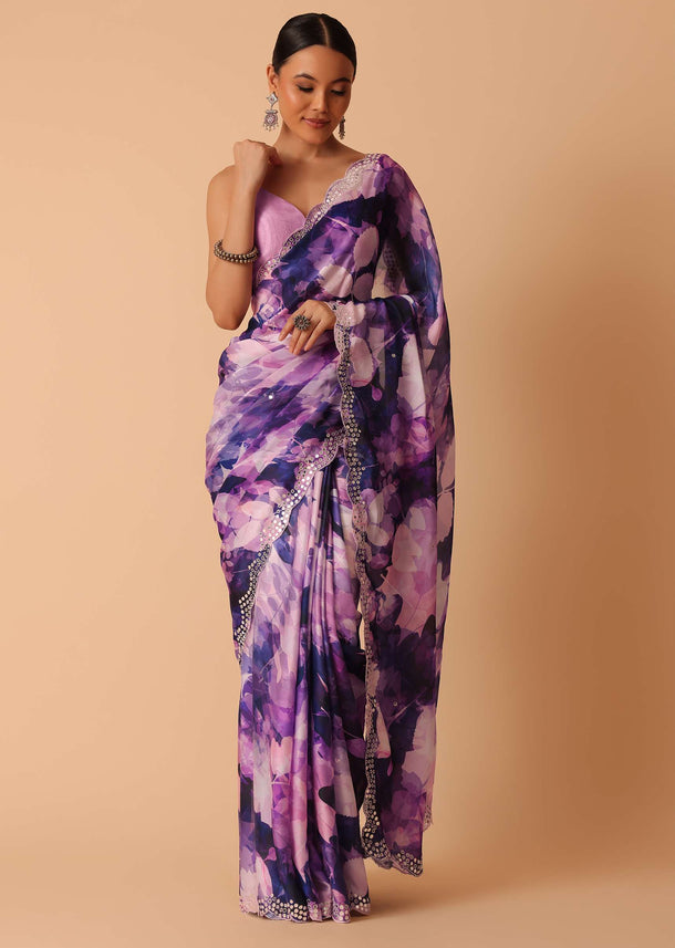 Purple Printed Muslin Saree With Scallop Detail And Unstitched Blouse Piece