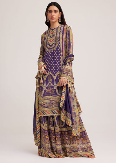 Purple Printed Palazzo Set With Mirror Work