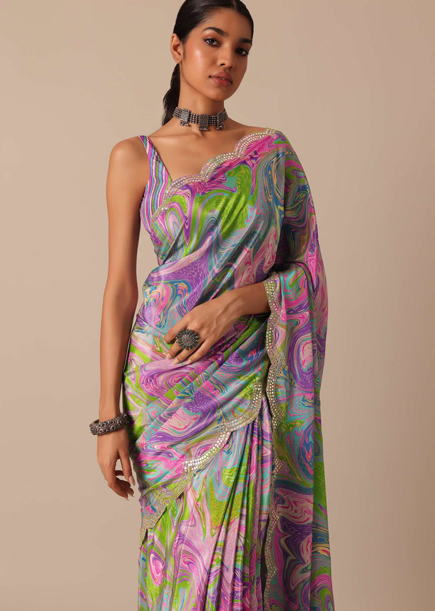 Purple Printed Saree With Mirror Work And Unstitched Blouse Piece