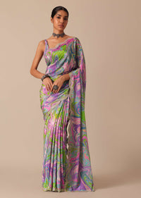 Purple Printed Saree With Mirror Work And Unstitched Blouse Piece