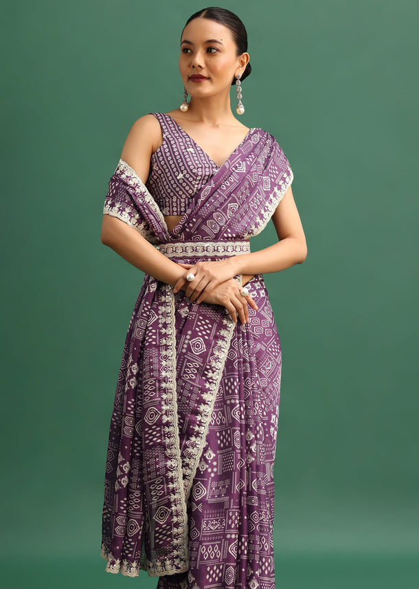 Purple Printed Satin Saree With Sequins Embroidered Border And Unstitched Blouse