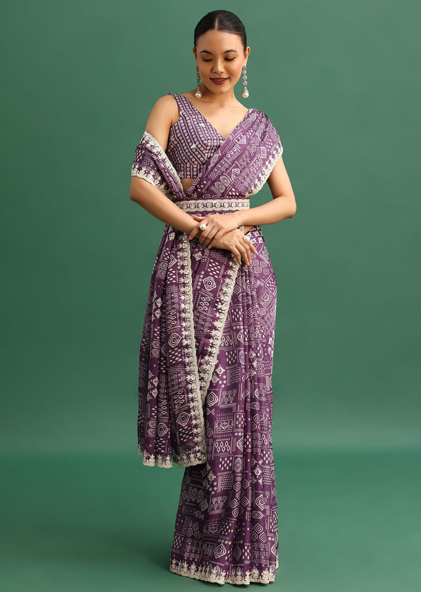 Purple Printed Satin Saree With Sequins Embroidered Border And Unstitched Blouse