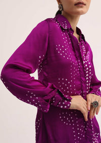 Purple Printed Satin Shirt And Skirt