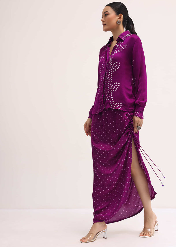 Purple Printed Satin Shirt And Skirt