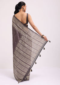 Purple Printed Tussar Silk Saree With Mirror Work And Unstitched Blouse
