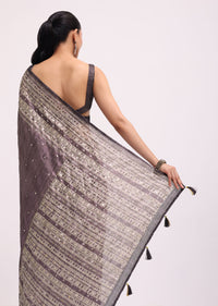 Purple Printed Tussar Silk Saree With Mirror Work And Unstitched Blouse