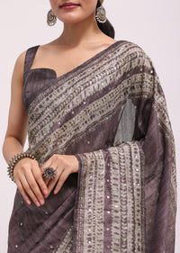 Purple Printed Tussar Silk Saree With Mirror Work And Unstitched Blouse