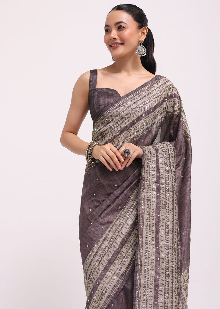 Purple Printed Tussar Silk Saree With Mirror Work And Unstitched Blouse