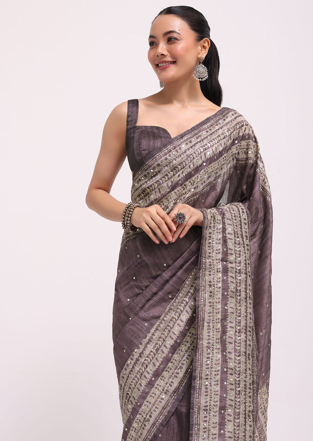 Purple Printed Tussar Silk Saree With Mirror Work And Unstitched Blouse