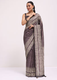 Purple Printed Tussar Silk Saree With Mirror Work And Unstitched Blouse