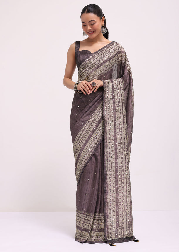 Purple Printed Tussar Silk Saree With Mirror Work And Unstitched Blouse