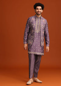 Purple Resham Work Kurta Jacket Set In Silk