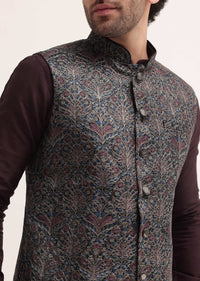 Purple Resham Work Kurta Jacket Set For Men