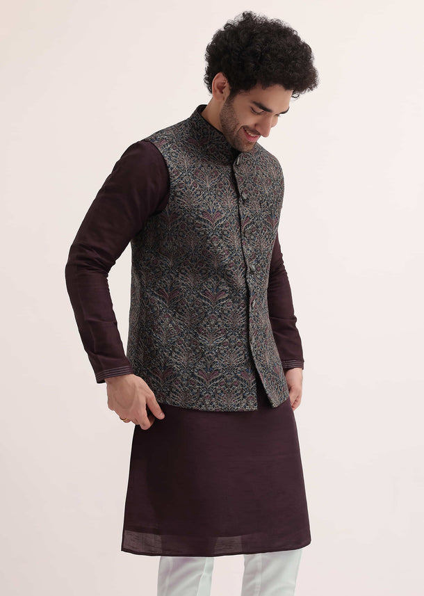 Purple Resham Work Kurta Jacket Set For Men