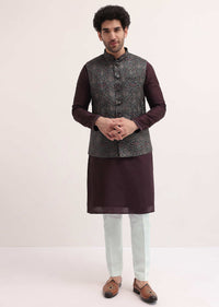 Purple Resham Work Kurta Jacket Set For Men