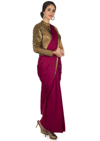Purple saree gown with pre stitched pleats and cut dana embroidered bodice only on Kalki