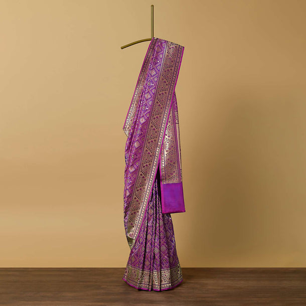 Purple Saree In Banarasi Tanchui Patola Weave With Unstitched Blouse Piece