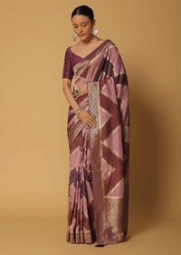 Purple Saree In Dola Silk With Woven Stripes And Unstitched Blouse Fabric