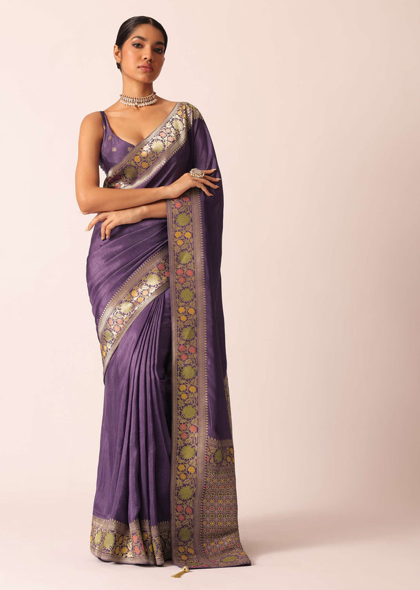 Purple Saree In Silk With Meenakari Jaal Work And Unstitched Blouse Piece