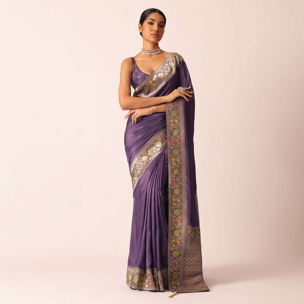 Purple Saree In Silk With Meenakari Jaal Work And Unstitched Blouse Piece