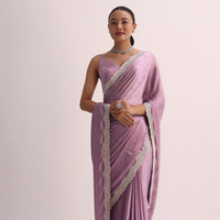 Purple Saree With Cutdana Border And Unstitched Blouse