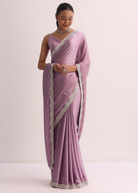 Purple Saree With Cutdana Border And Unstitched Blouse