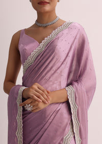 Purple Saree With Cutdana Border And Unstitched Blouse
