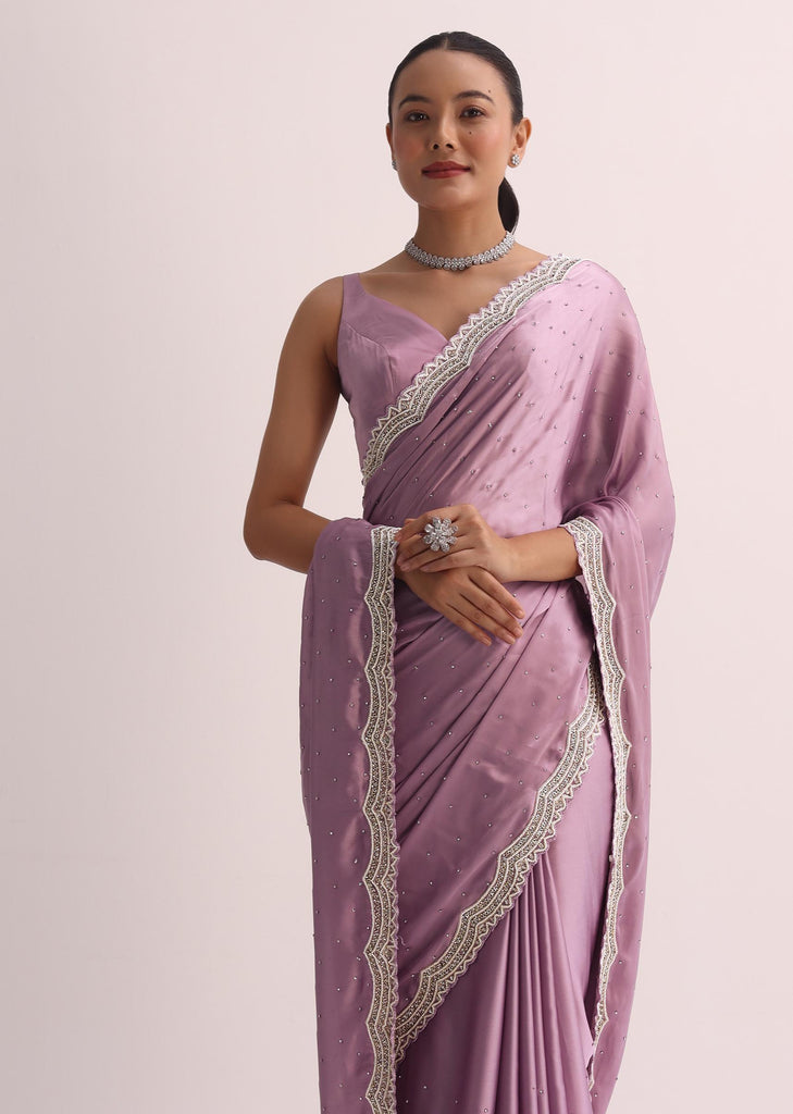 Purple Saree With Cutdana Border And Unstitched Blouse