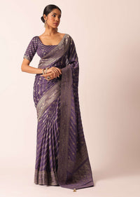 Purple Saree with Zari Diagonal Stripes And Unstitched Blouse Piece