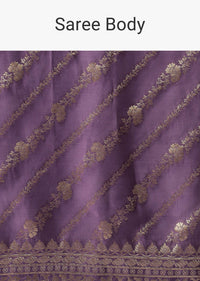 Purple Saree with Zari Diagonal Stripes And Unstitched Blouse Piece