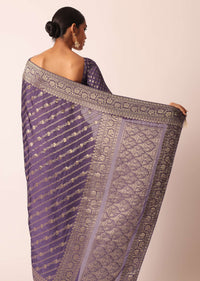 Purple Saree with Zari Diagonal Stripes And Unstitched Blouse Piece