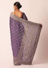 Purple Saree with Zari Diagonal Stripes And Unstitched Blouse Piece