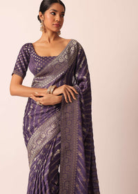 Purple Saree with Zari Diagonal Stripes And Unstitched Blouse Piece