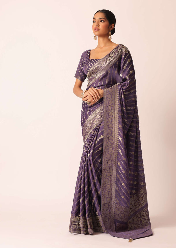 Purple Saree with Zari Diagonal Stripes And Unstitched Blouse Piece