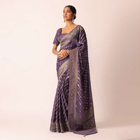 Purple Saree with Zari Diagonal Stripes And Unstitched Blouse Piece