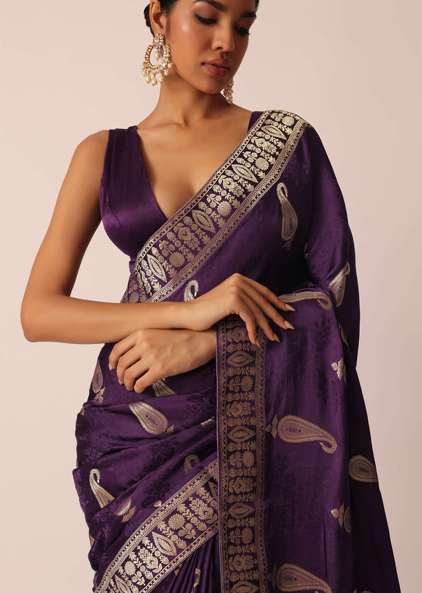 Purple Saree With Zari Weave Butti Detail And Unstitched Blouse Piece