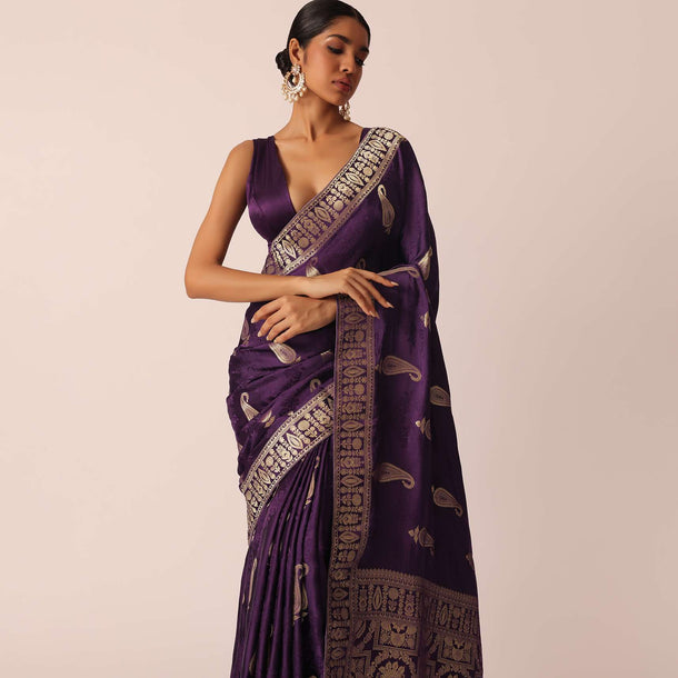 Purple Saree With Zari Weave Butti Detail And Unstitched Blouse Piece