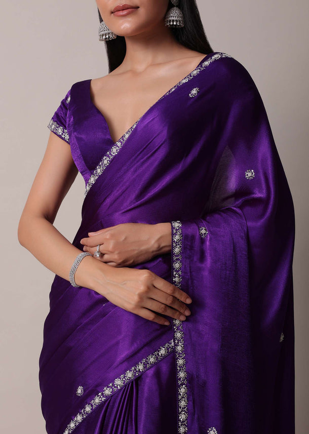 Purple Satin Chinon Saree With Stone Embellishments And Unstitched Blouse Piece