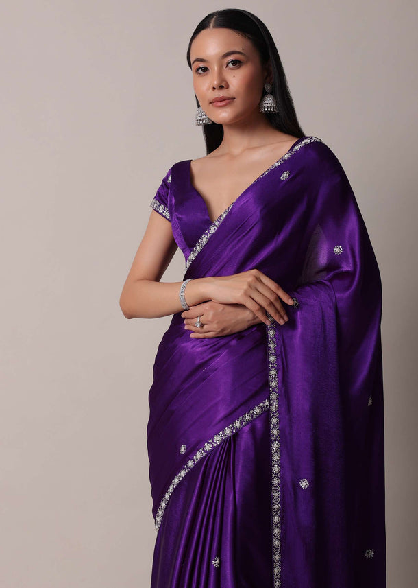 Purple Satin Chinon Saree With Stone Embellishments And Unstitched Blouse Piece
