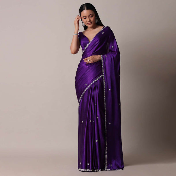 Purple Satin Chinon Saree With Stone Embellishments And Unstitched Blouse Piece