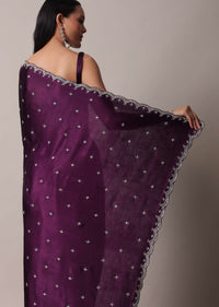 Purple Satin Chinon Saree With Stone Work And Unstitched Blouse Piece