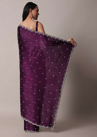 Purple Satin Chinon Saree With Stone Work And Unstitched Blouse Piece