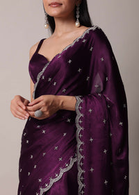 Purple Satin Chinon Saree With Stone Work And Unstitched Blouse Piece