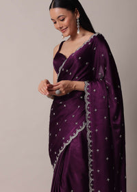 Purple Satin Chinon Saree With Stone Work And Unstitched Blouse Piece