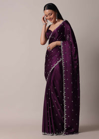 Purple Satin Chinon Saree With Stone Work And Unstitched Blouse Piece