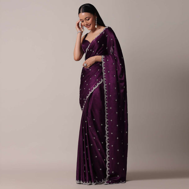 Purple Satin Chinon Saree With Stone Work And Unstitched Blouse Piece