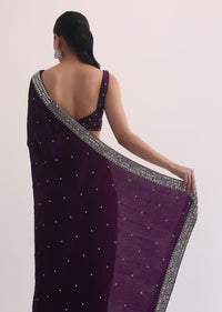 Purple Satin Saree In Mirror Embroidery With Unstitched Blouse