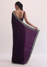 Purple Satin Saree In Mirror Embroidery With Unstitched Blouse