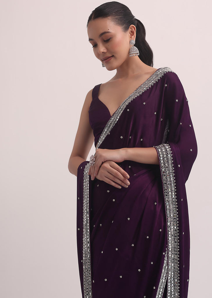 Purple Satin Saree In Mirror Embroidery With Unstitched Blouse