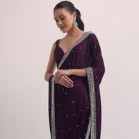 Purple Satin Saree In Mirror Embroidery With Unstitched Blouse